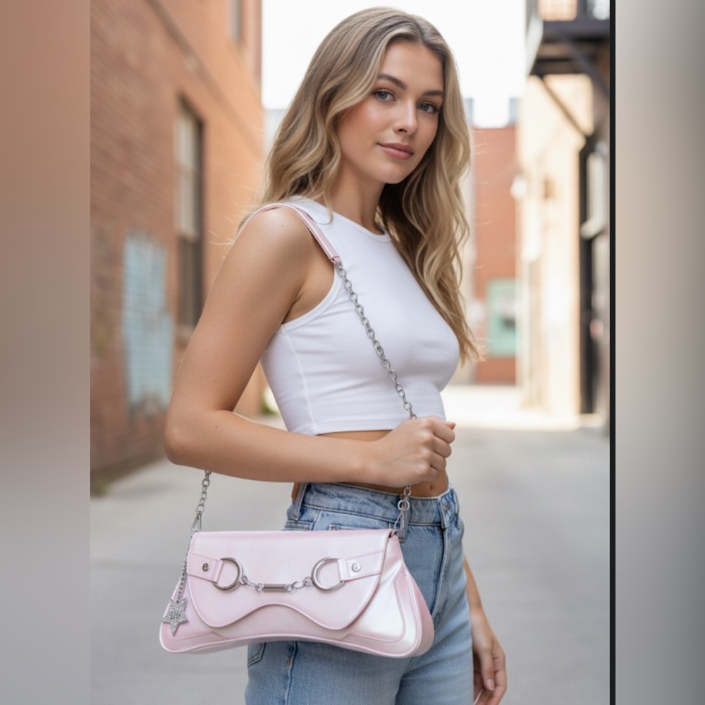 Paris Hilton Women’s Rider Large Shoulder Baguette Bag Shimmery Pink NWT